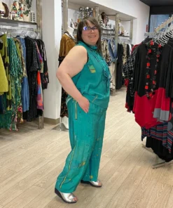 3 Potato Art Print Sleeveless Mock Neck Top, Teal Multi