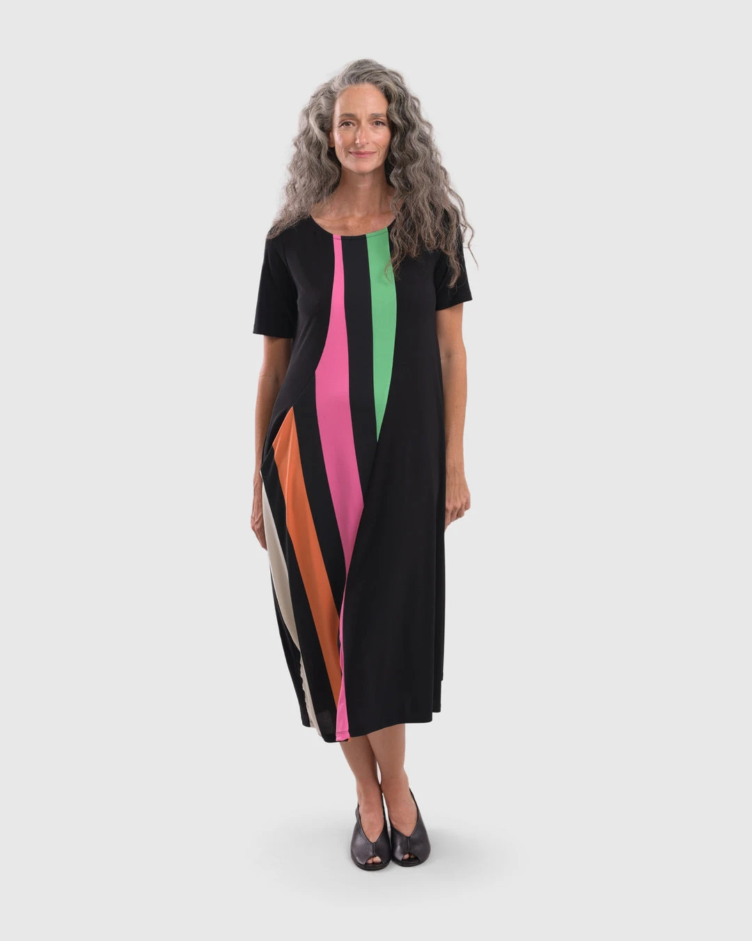 Alembika Alembika Bold Stripe Front Panel Short Sleeve Dress, Rainbow