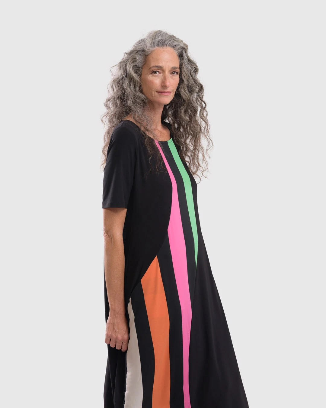 Alembika Alembika Bold Stripe Front Panel Short Sleeve Dress, Rainbow