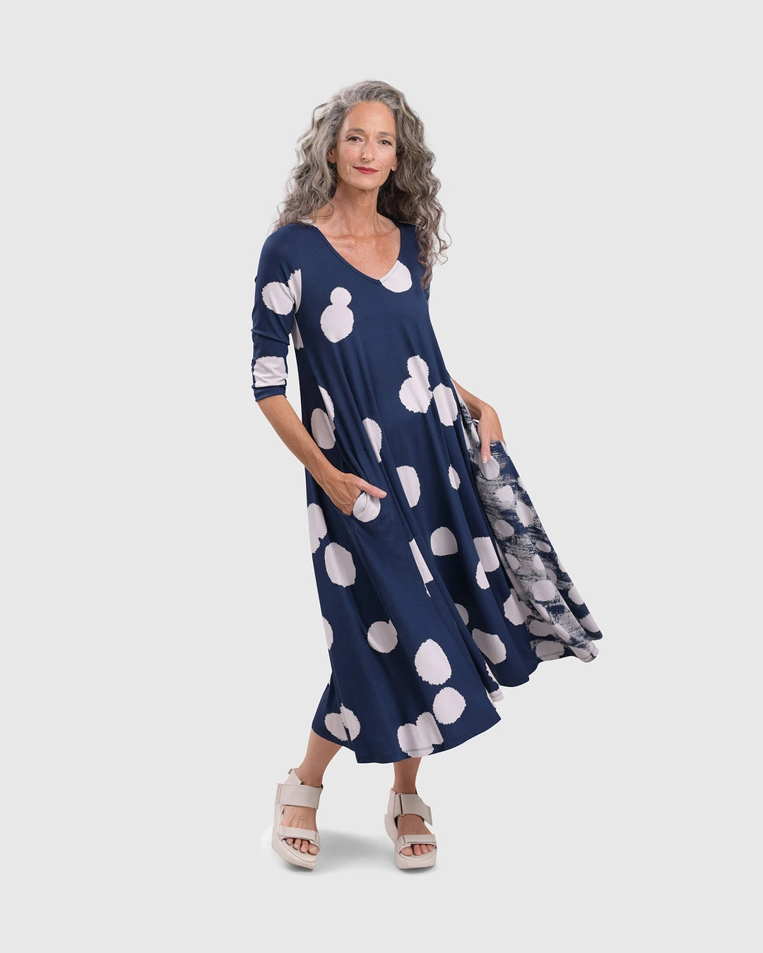 Alembika Alembika Mixed Dot V Neck A-Line Dress, Navy 4 Alembika Alembika Mixed Dot V Neck A-Line Dress, Navy