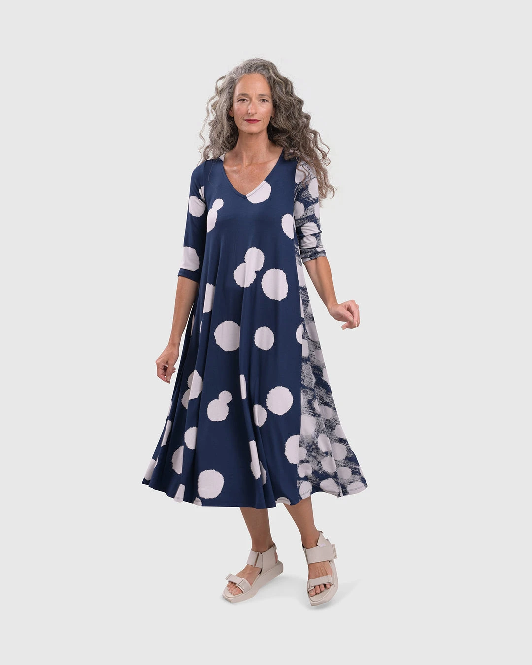 Alembika Alembika Mixed Dot V Neck A-Line Dress, Navy 3 Alembika Alembika Mixed Dot V Neck A-Line Dress, Navy