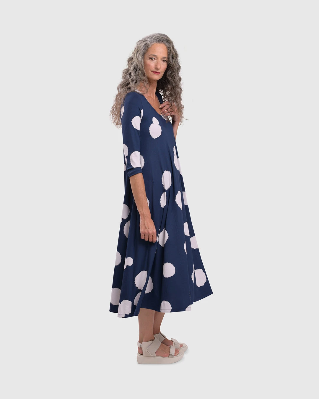 Alembika Alembika Mixed Dot V Neck A-Line Dress, Navy 5 Alembika Alembika Mixed Dot V Neck A-Line Dress, Navy