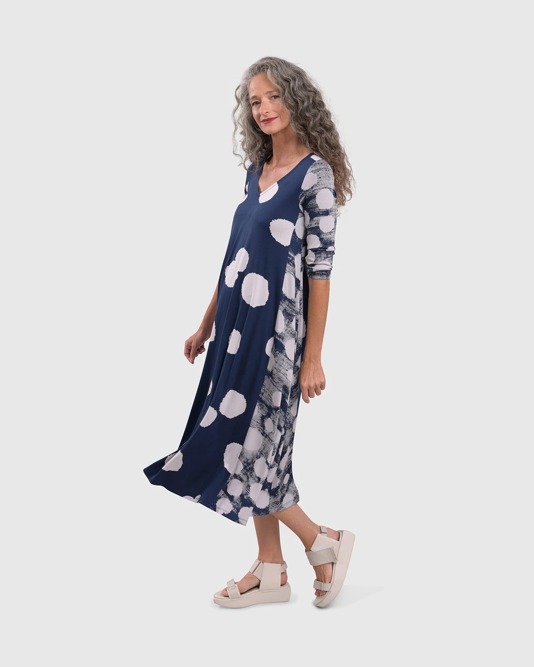 Alembika Alembika Mixed Dot V Neck A-Line Dress, Navy 6 Alembika Alembika Mixed Dot V Neck A-Line Dress, Navy