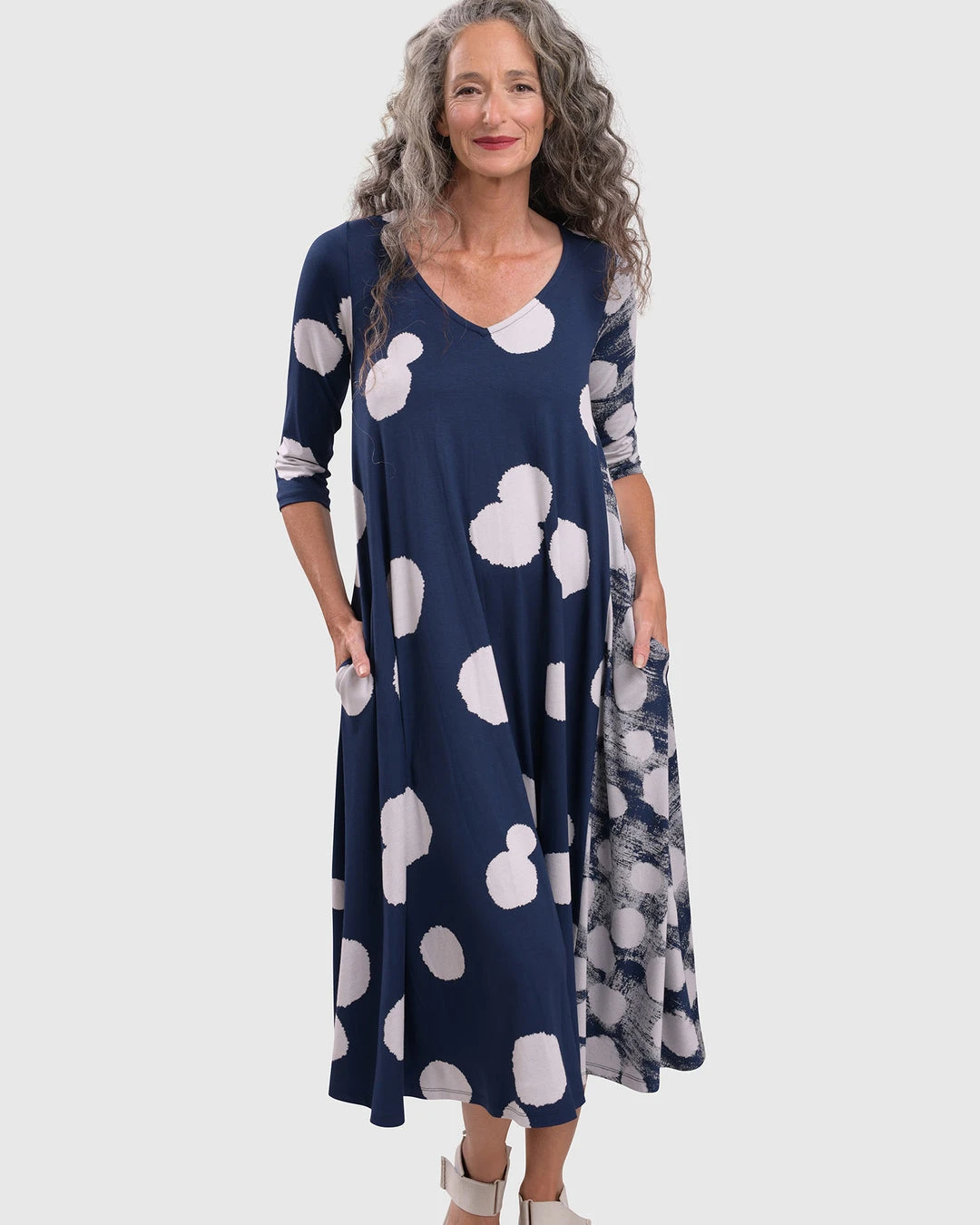 Alembika Alembika Mixed Dot V Neck A-Line Dress, Navy 8 Alembika Alembika Mixed Dot V Neck A-Line Dress, Navy