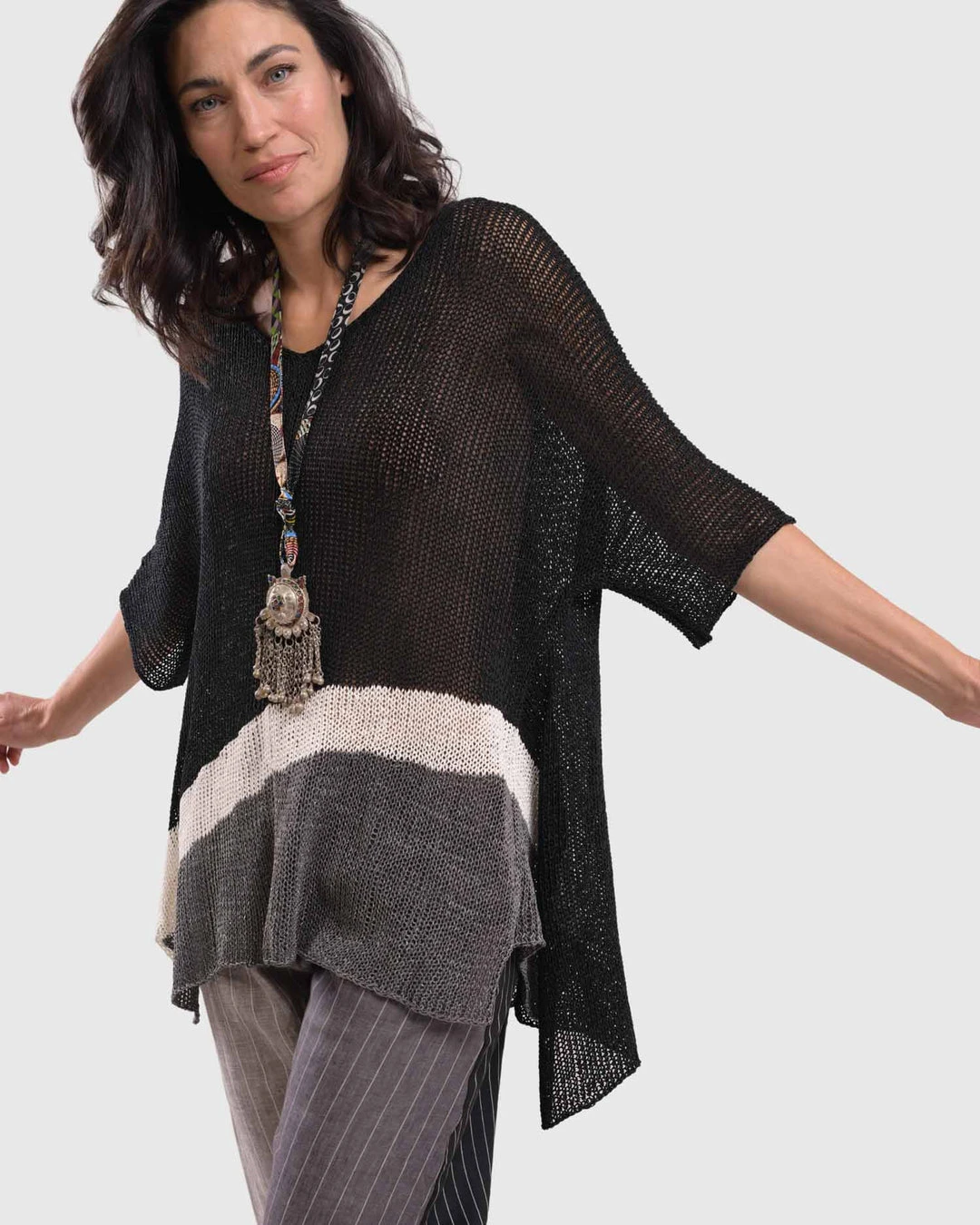 Alembika Open Knit Asymmetric V Neck Sweater, Black Alembika