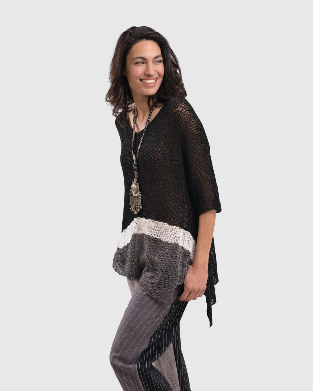 Alembika Open Knit Asymmetric V Neck Sweater, Black Alembika