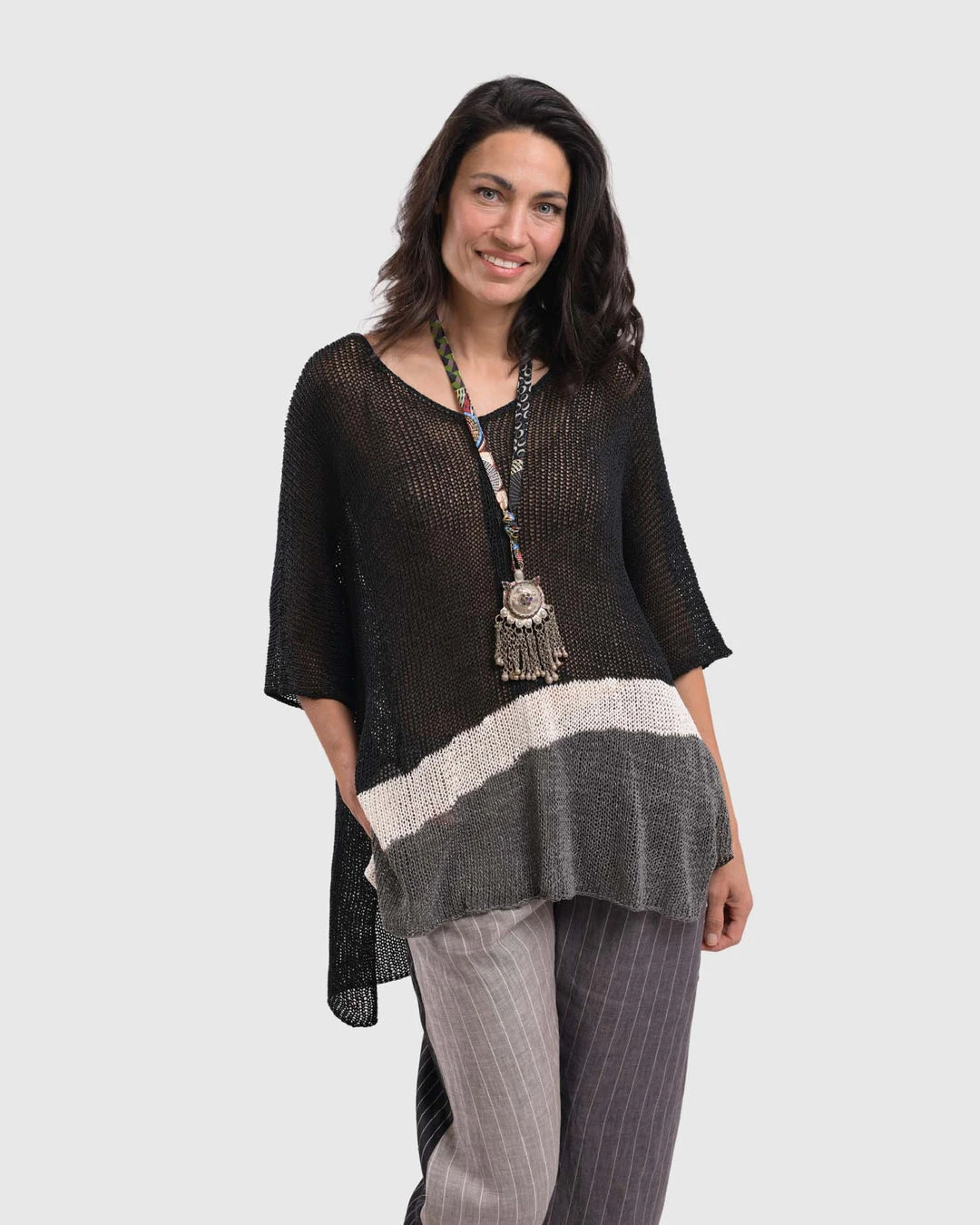 Alembika Open Knit Asymmetric V Neck Sweater, Black Alembika