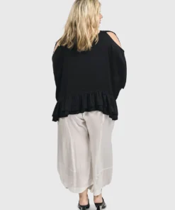 Alembika Satin Cold Shoulder Ruffle Top, Black Alembika