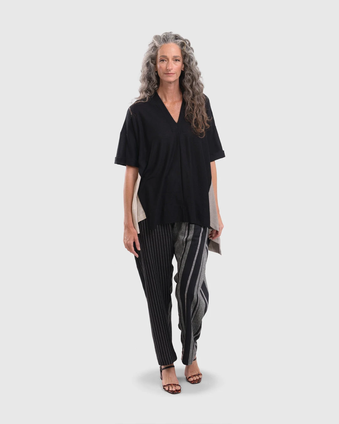 Alembika Alembika Striped Knit Accent V Neck Swing Top, Multi