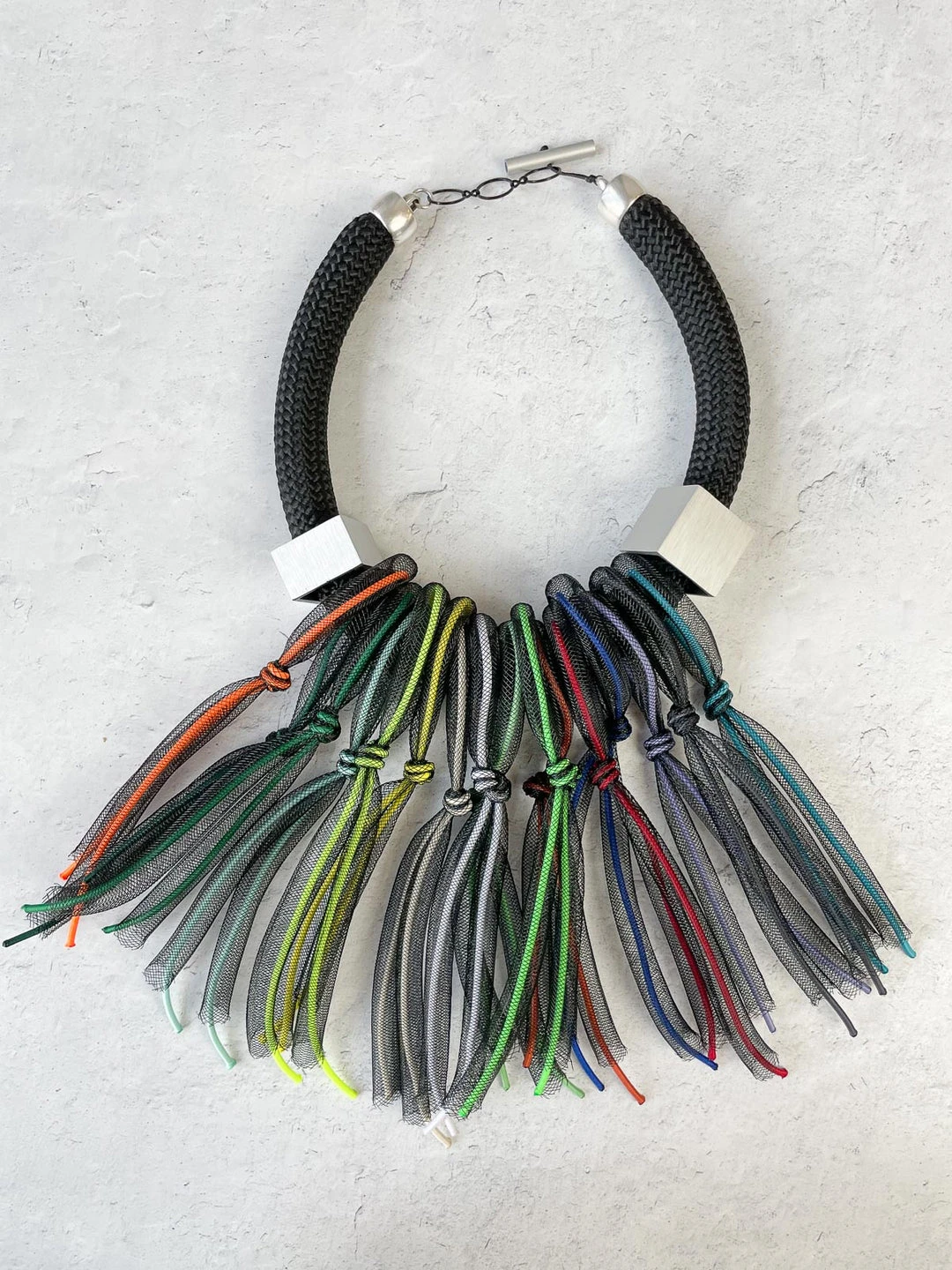 Christina Brampti Christina Brampti Tulle & Cord Fringe On Chunky Cord Necklace, Black Multi 3 Christina Brampti Christina Brampti Tulle & Cord Fringe On Chunky Cord Necklace, Black Multi
