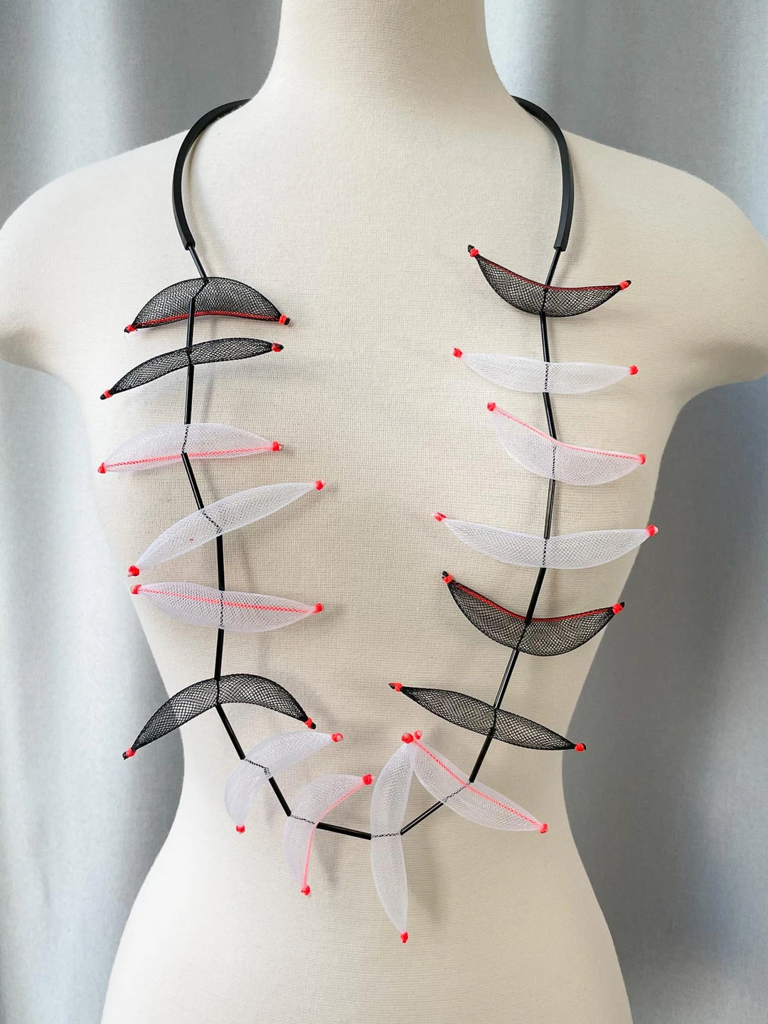 Christina Brampti Tulle Pod On Rubber Cord Necklace, Black/White/Orange 5 Christina Brampti Tulle Pod On Rubber Cord Necklace, Black/White/Orange