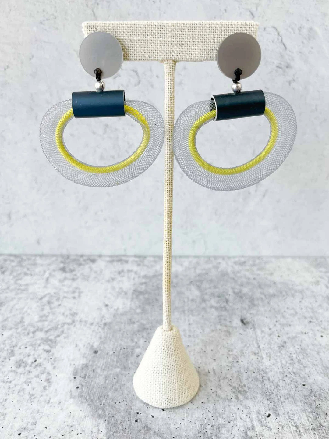 Christina Brampti Small Mesh & Cord Hoop Earrings, Grey/Yellow