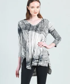 Clara Sunwoo Interlaced Lines V-Neck Hi-Low Envelope Hem Tunic, Bone/Black Clara Sunwoo