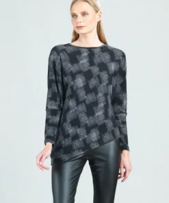 Clara Sunwoo Clara Sunwoo Square Sketch Dolman Sleeve Angle Hem Sweater Top, Black/White