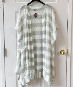Dress To Kill Kimono, White Grey Stripe Knit Dress To Kill