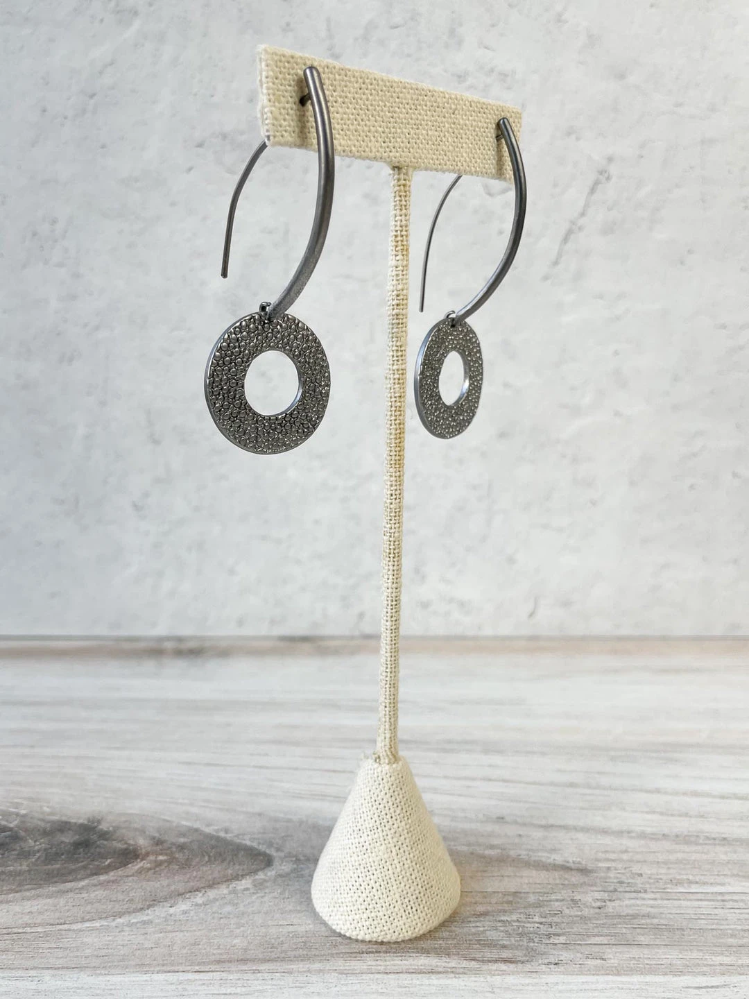 Escape From Paris Textured Circle Long Wire Drop Earrings, Gunmetal 4 Escape From Paris Textured Circle Long Wire Drop Earrings, Gunmetal