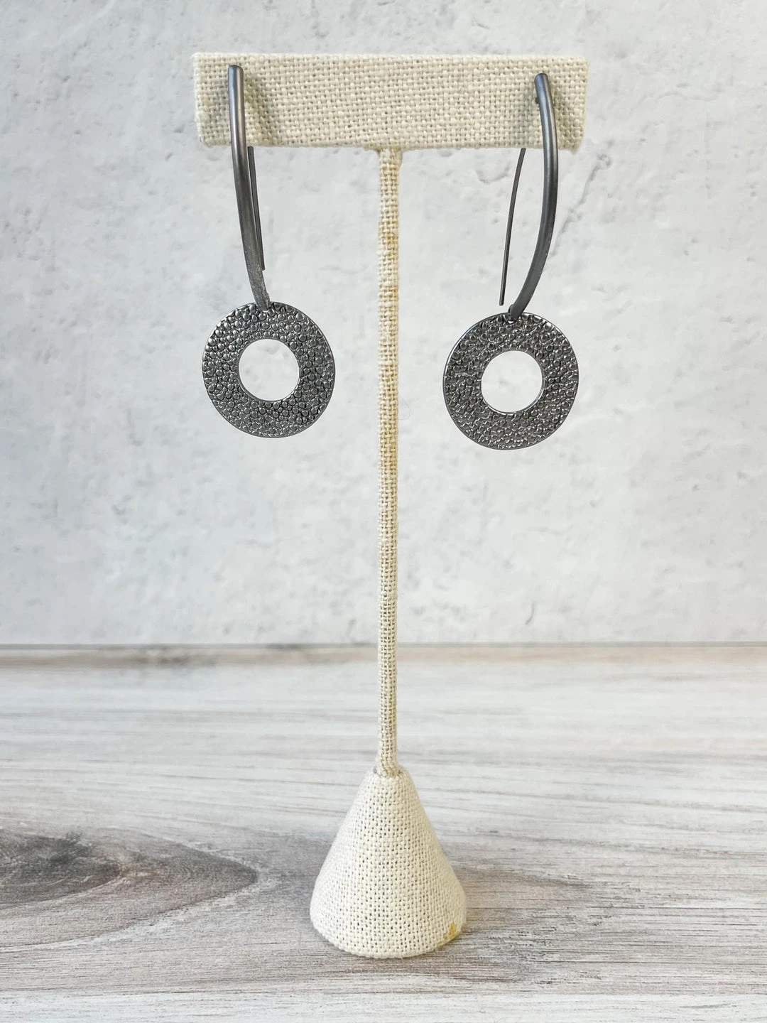 Escape From Paris Textured Circle Long Wire Drop Earrings, Gunmetal 3 Escape From Paris Textured Circle Long Wire Drop Earrings, Gunmetal