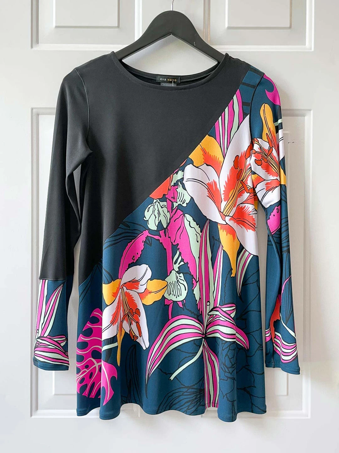 Eva Varro Long Sleeve Diagonal Bicolor A Line Tunic, Mercedes/Black