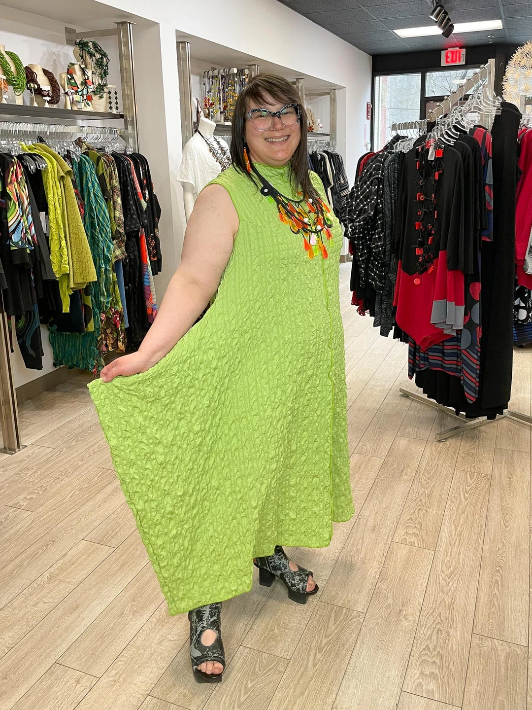 IC Collection Check Pucker Sleeveless High Neck Dress, Apple 7 IC Collection Check Pucker Sleeveless High Neck Dress, Apple