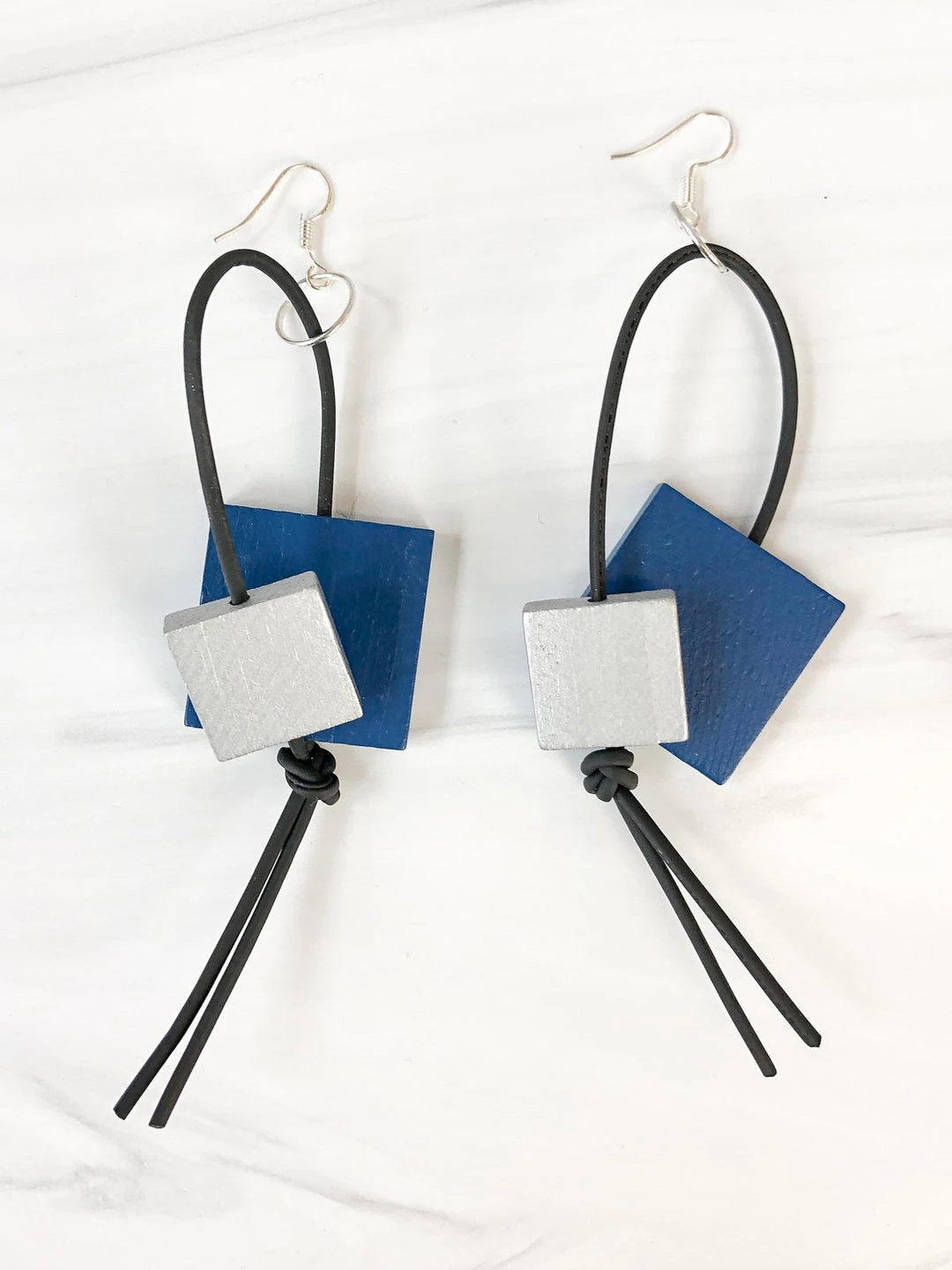 Jianhui London Square Bead Leatherette Drop Earrings, Pantone Blue/Silver