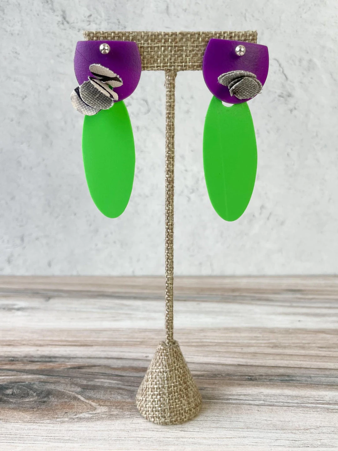 Pattern Gems Pattern Gems Elongated Oval Earrings, Purple/Green 3 Pattern Gems Pattern Gems Elongated Oval Earrings, Purple/Green
