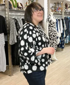 Pure Essence Dot Print Oversized Roll Tab Sleeve Top, Black/Sand Pure Essence