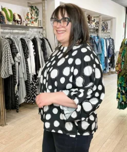 Pure Essence Dot Print Oversized Roll Tab Sleeve Top, Black/Sand Pure Essence