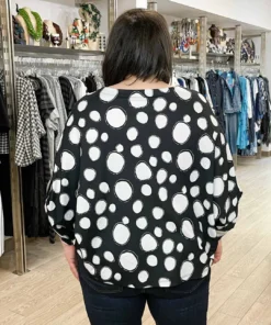 Pure Essence Dot Print Oversized Roll Tab Sleeve Top, Black/Sand Pure Essence