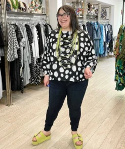 Pure Essence Dot Print Oversized Roll Tab Sleeve Top, Black/Sand Pure Essence