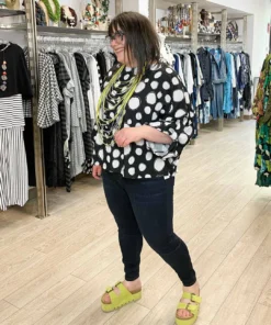 Pure Essence Dot Print Oversized Roll Tab Sleeve Top, Black/Sand Pure Essence