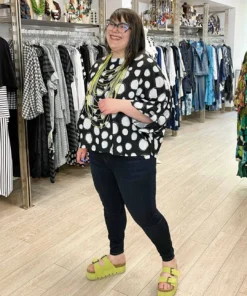 Pure Essence Dot Print Oversized Roll Tab Sleeve Top, Black/Sand Pure Essence