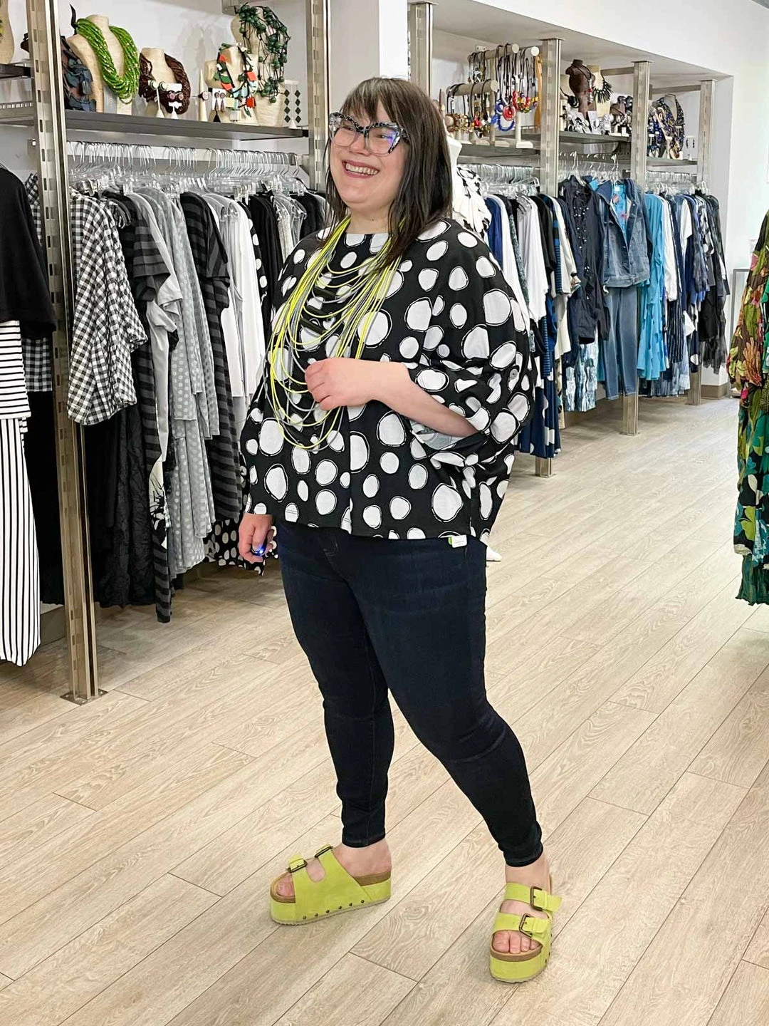 Pure Essence Dot Print Oversized Roll Tab Sleeve Top, Black/Sand Pure Essence