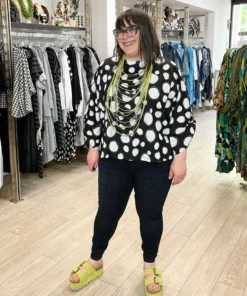 Pure Essence Dot Print Oversized Roll Tab Sleeve Top, Black/Sand Pure Essence