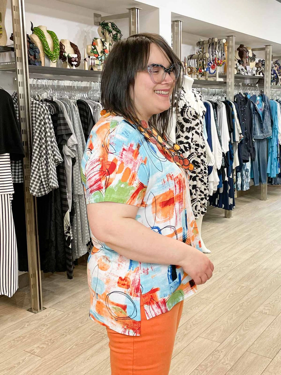 Pure Essence Printed Short Sleeve Boxy Top, Orange/Aqua/Lime