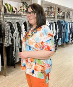 Pure Essence Printed Short Sleeve Boxy Top, Orange/Aqua/Lime