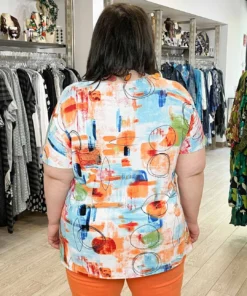 Pure Essence Printed Short Sleeve Boxy Top, Orange/Aqua/Lime