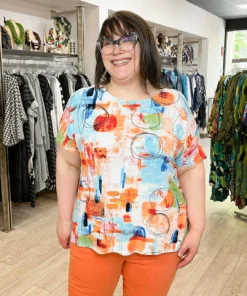 Pure Essence Printed Short Sleeve Boxy Top, Orange/Aqua/Lime