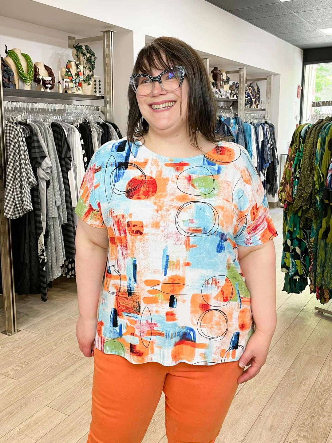 Pure Essence Printed Short Sleeve Boxy Top, Orange/Aqua/Lime