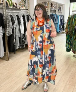 Pure Essence Pure Essence Sleeveless V-Neck Dress, Indigo/Coral/Aqua