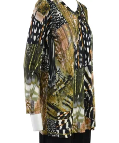 Q'Neel Printed V Neck Tunic, Olive Multi