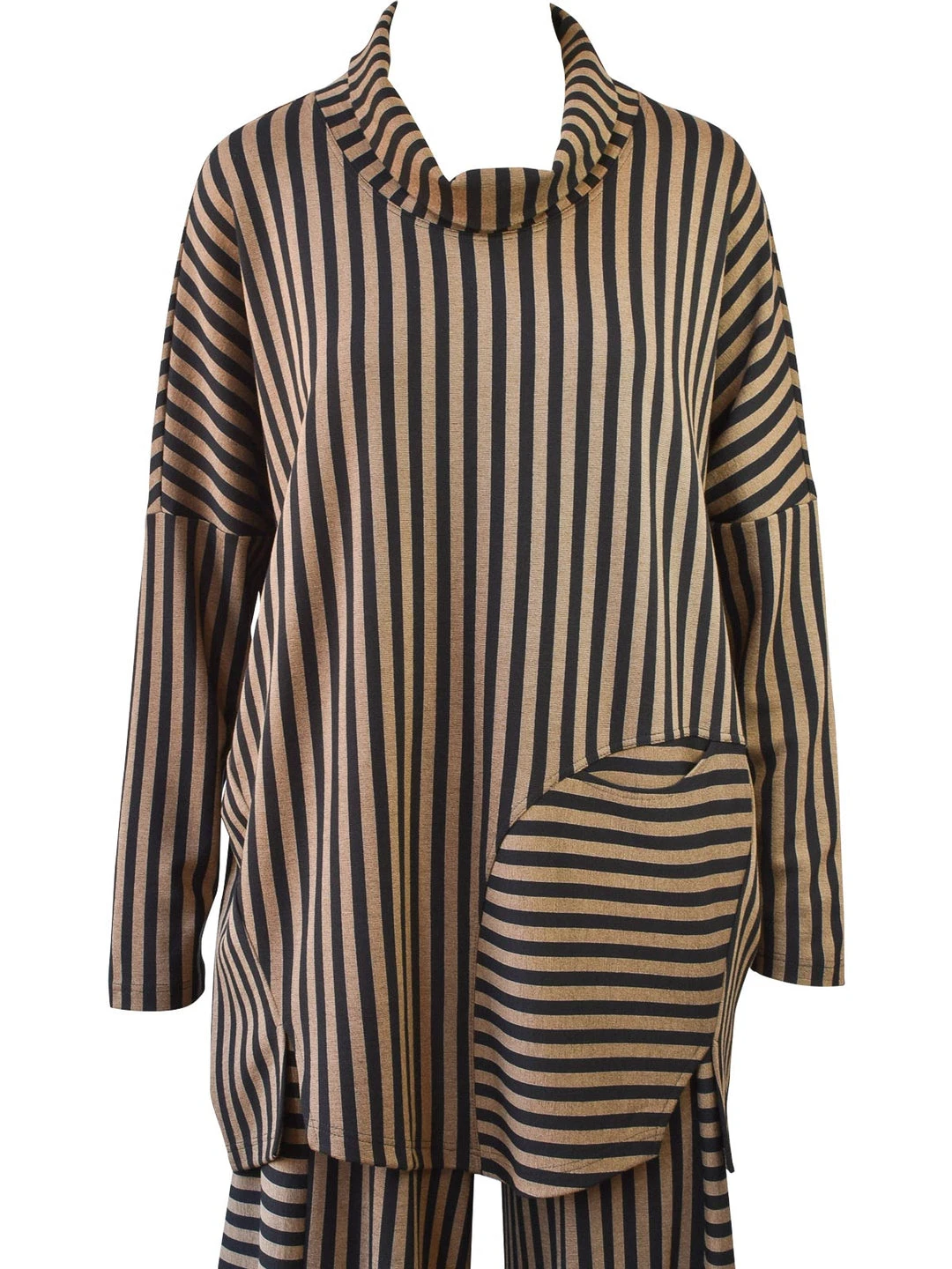 Q'Neel Q'Neel Striped Cowl Pocket Top, Black/Taupe 3 Q'Neel Q'Neel Striped Cowl Pocket Top, Black/Taupe