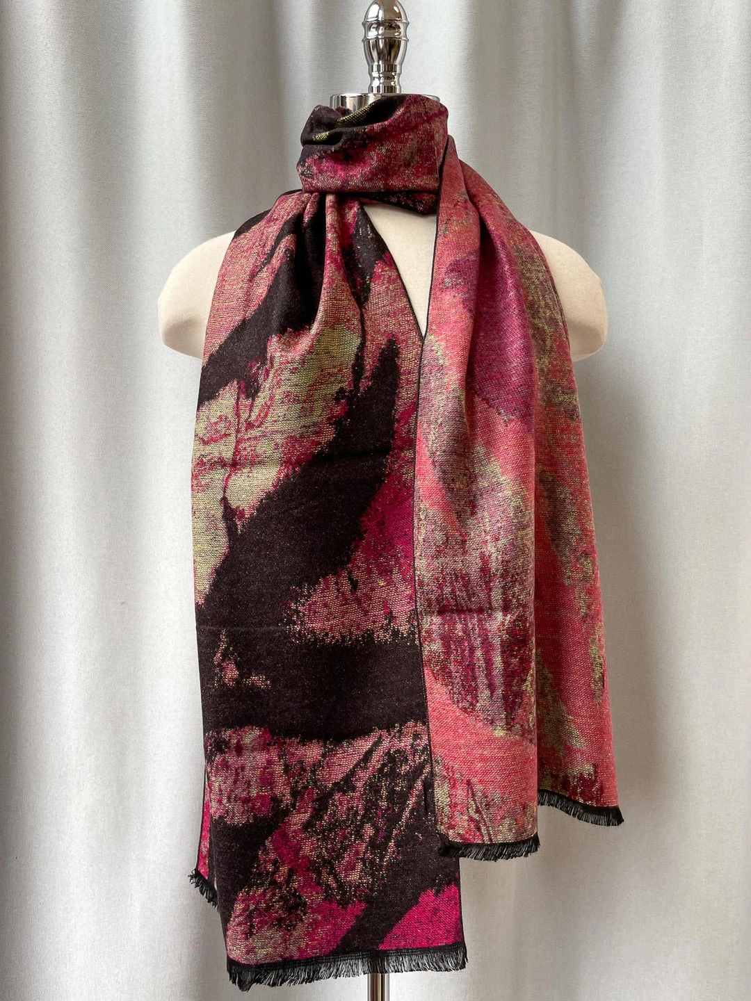 Rapti Fashion Cashmere Rectangular Scarf, Black/Magenta Large Stripe