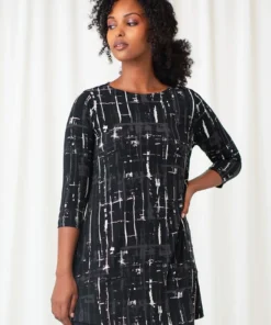 Sympli Sympli Trapeze Tunic, 3/4 Sleeve, Drifting Lines Black