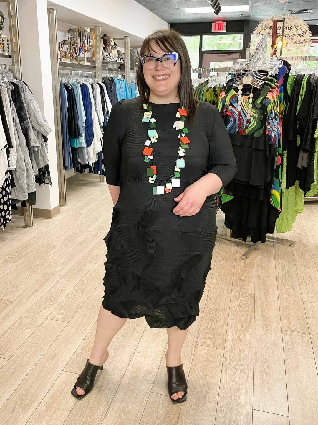 Vanite Couture Zig Zag Pleat 3/4 Sleeve Dress, Black 4 Vanite Couture Zig Zag Pleat 3/4 Sleeve Dress, Black