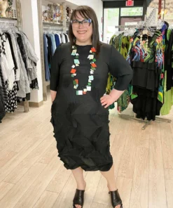 Vanite Couture Zig Zag Pleat 3/4 Sleeve Dress, Black 12 Vanite Couture Zig Zag Pleat 3/4 Sleeve Dress, Black