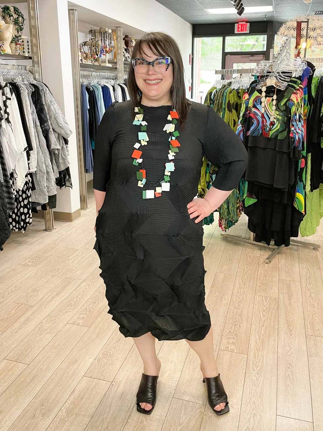 Vanite Couture Zig Zag Pleat 3/4 Sleeve Dress, Black 6 Vanite Couture Zig Zag Pleat 3/4 Sleeve Dress, Black