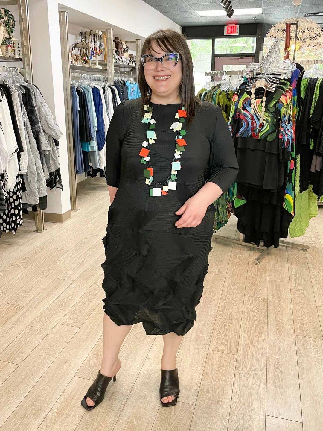 Vanite Couture Zig Zag Pleat 3/4 Sleeve Dress, Black 3 Vanite Couture Zig Zag Pleat 3/4 Sleeve Dress, Black