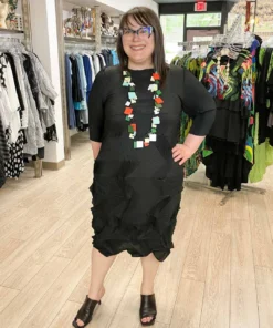 Vanite Couture Zig Zag Pleat 3/4 Sleeve Dress, Black 14 Vanite Couture Zig Zag Pleat 3/4 Sleeve Dress, Black