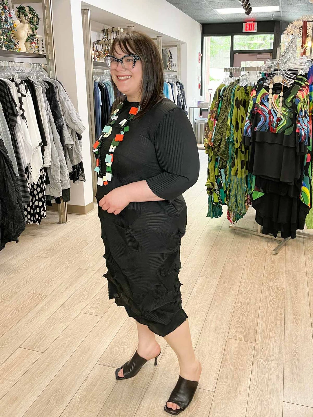 Vanite Couture Zig Zag Pleat 3/4 Sleeve Dress, Black 7 Vanite Couture Zig Zag Pleat 3/4 Sleeve Dress, Black