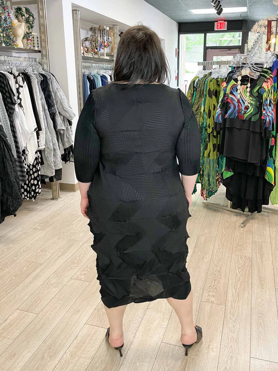 Vanite Couture Zig Zag Pleat 3/4 Sleeve Dress, Black 9 Vanite Couture Zig Zag Pleat 3/4 Sleeve Dress, Black